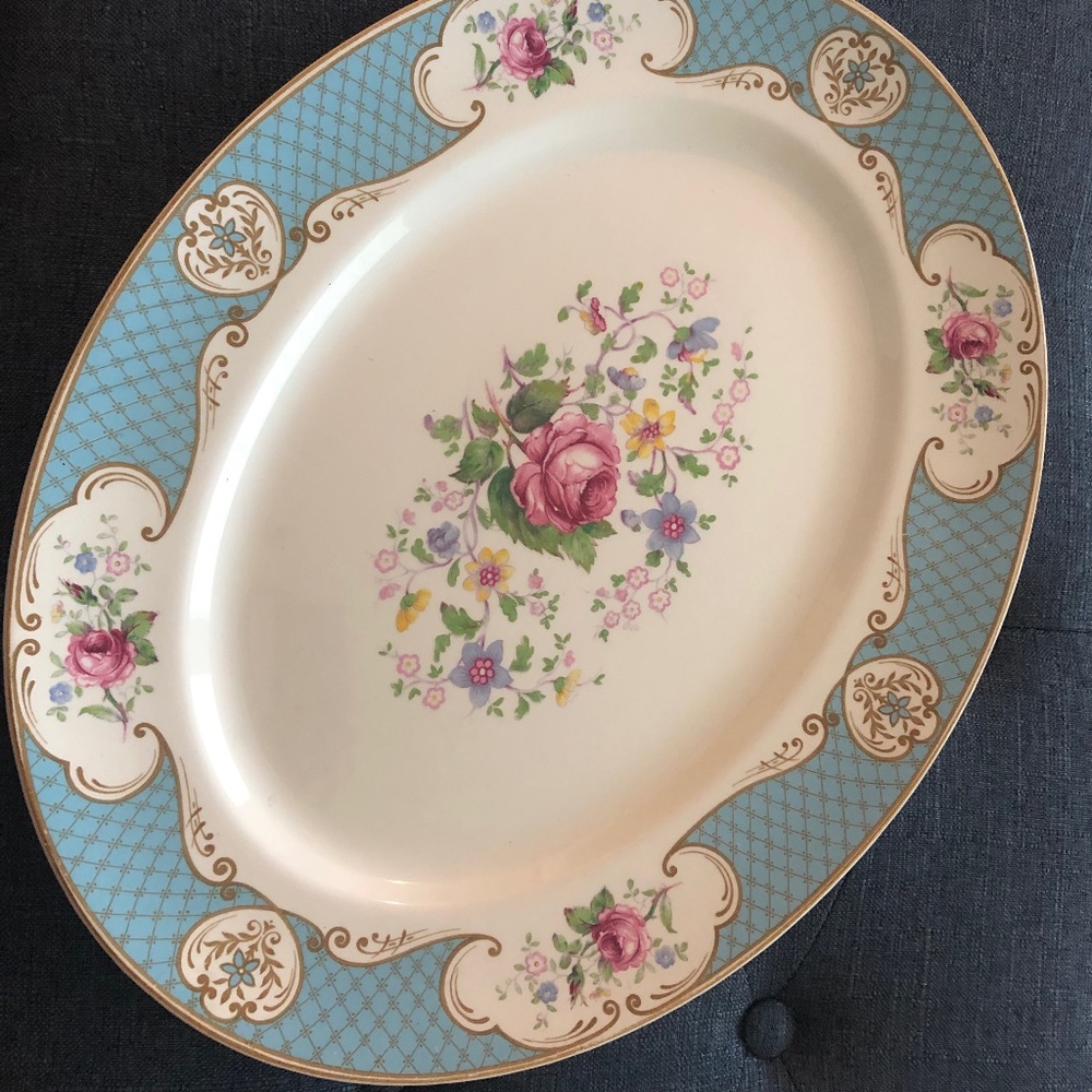 Vintage MYOTT Staffordshire England oval platter turquoise with pink roses